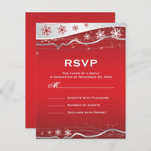 赤、銀の灰色のスノーフレーク冬の結婚式RSVP 出欠カード (正面/裏面)