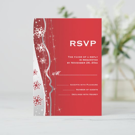 赤、銀の灰色のスノーフレーク冬の結婚式RSVP 出欠カード (スタンド正面)