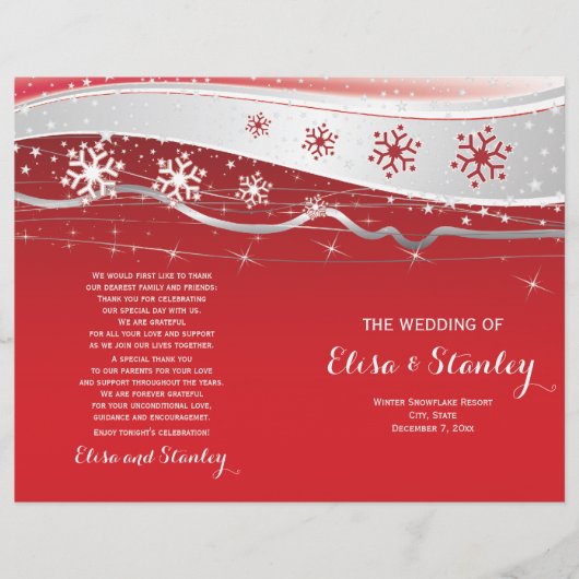 赤、銀の灰色の雪の折り畳まれた結婚式のプログラム (正面)
