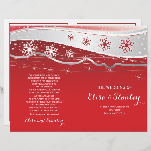 赤、銀の灰色の雪の折り畳まれた結婚式のプログラム (正面/裏面)