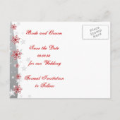 赤、銀の灰色の雪の結晶の結婚式の日付を保存 案内ポストカード (裏面)