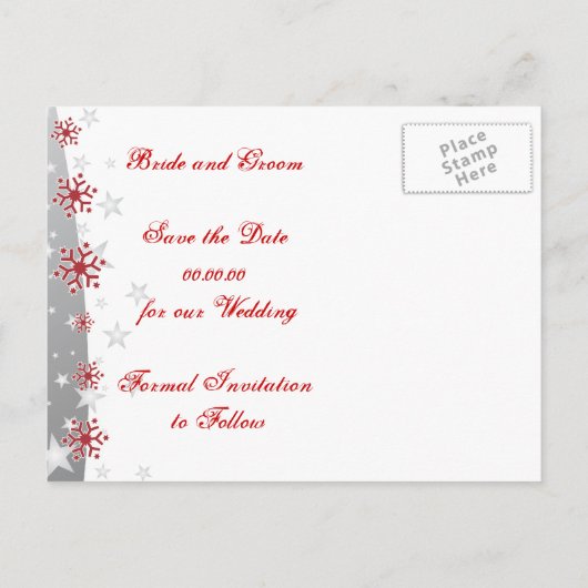 赤、銀の灰色の雪の結晶の結婚式の日付を保存 案内ポストカード (裏面)