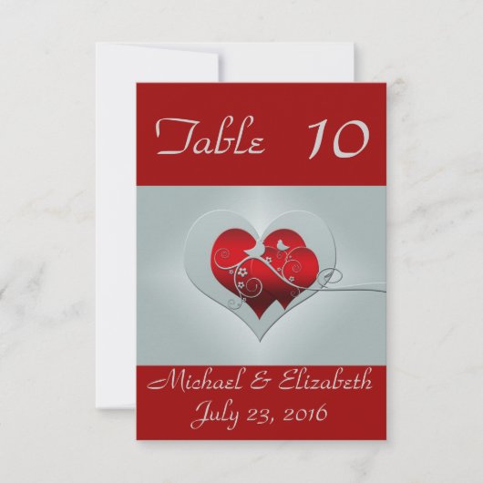 赤/銀の結婚式テーブルナンバー 招待状 (正面)