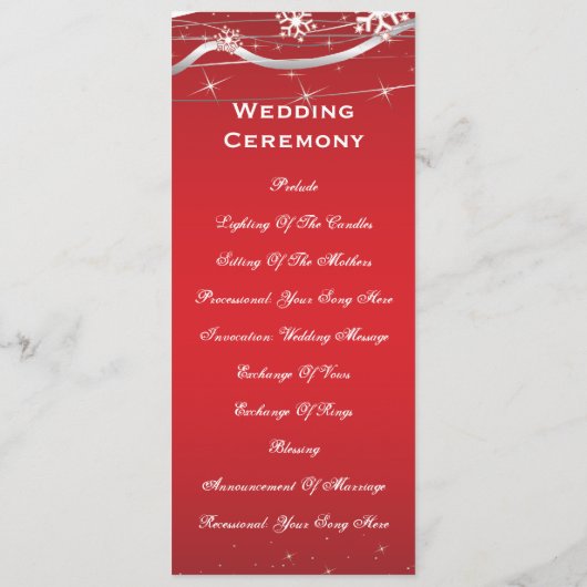 赤、銀灰色雪の結晶 ウェディングプログラムカード プログラム (裏面)