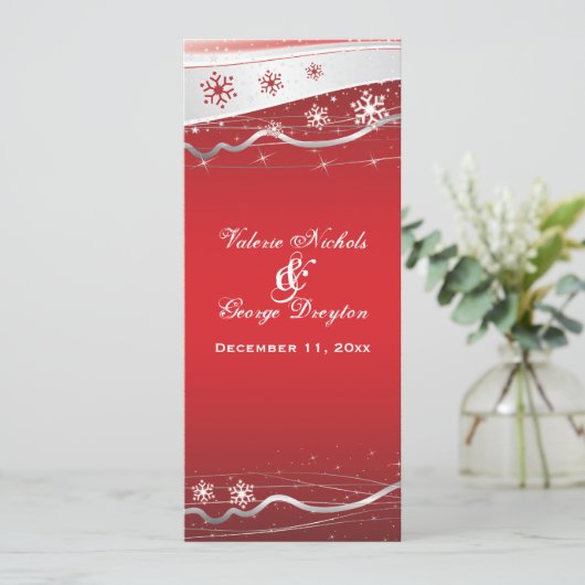 赤、銀灰色雪の結晶 ウェディングプログラムカード プログラム (スタンド正面)