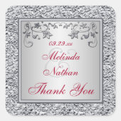 赤、銀箔フェイクフローラ結婚式の引き出物シール スクエアシール (正面)