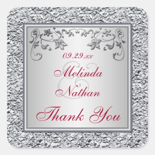 赤、銀箔フェイクフローラ結婚式の引き出物シール スクエアシール (正面)