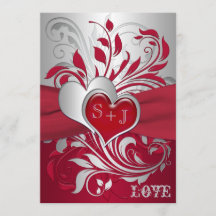 赤、銀製スクロール、ハートの結婚式招待状
