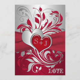 赤、銀製スクロール、ハートの結婚式招待状 招待状
