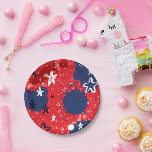赤(青い（ばちゃばちゃ）跳ねると白黒の星) ペーパープレート (パーティー)