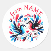 赤/青の愛の鳥のおもしろい ラウンドシール (正面)