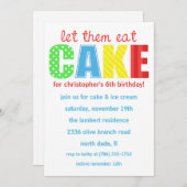 赤/青 レッツ・イート・ケーキ 誕生日招待状 招待状 (正面/裏面)