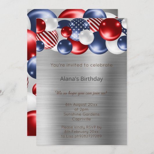 赤 青 愛国的な 銀 風船 誕生日 招待状 (正面/裏面)