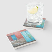 赤、青、灰色の壁、ドアと窓 ストーンコースター (横)