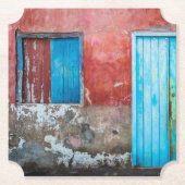 赤、青、灰色の壁、ドアと窓 ペーパーコースター (正面)