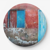 赤、青、灰色の壁、ドアと窓 ペーパープレート (正面)