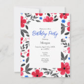 赤、青、灰色の水色の花模様 招待状 (正面)