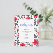 赤、青、灰色の水色の花模様 招待状 (スタンド正面)