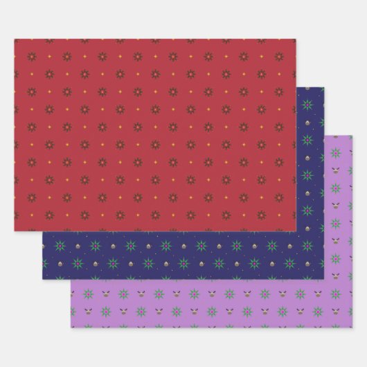 赤、青、紫のクリスマスツリースター ラッピングペーパーシート (セット)