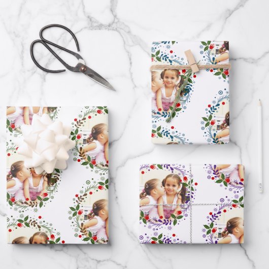 赤、青、紫のリース ラッピングペーパーシート (正面)