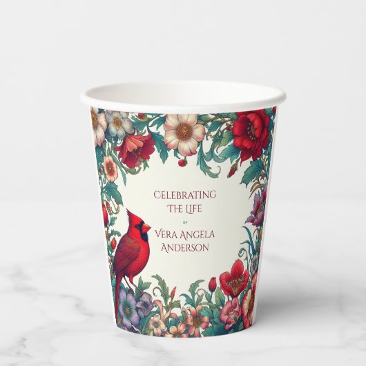 赤（鳥）ショウジョウコウカンチョウお祝い生涯葬儀記念碑 紙コップ (裏面)