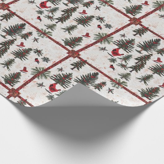 赤(鳥)ショウジョウコウカンチョウクリスマスツリーパターン ラッピングペーパー (角)