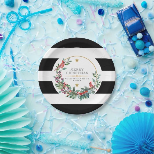 赤（鳥）ショウジョウコウカンチョウクリスマスリースモダンの水色 ペーパープレート (パーティー)