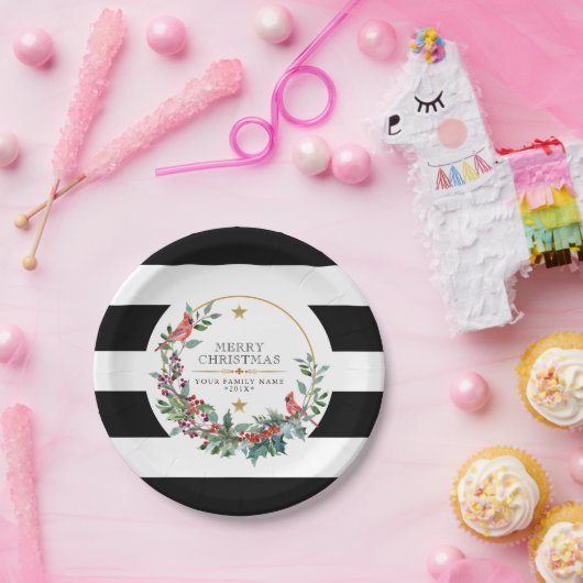 赤（鳥）ショウジョウコウカンチョウクリスマスリースモダンの水色 ペーパープレート (パーティー)