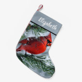 赤(鳥)ショウジョウコウカンチョウ冬の雪の松クリスマスツリー名 スモールクリスマスストッキング (正面 (吊り時))