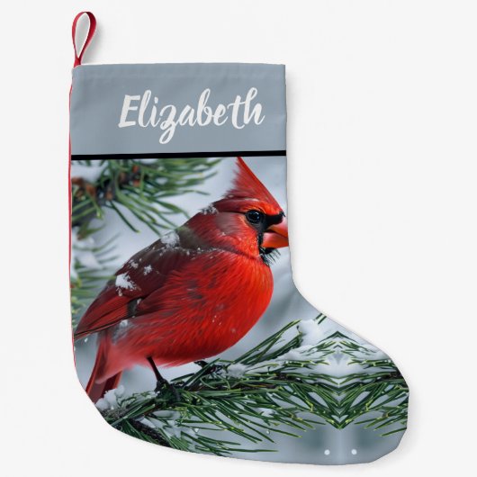 赤(鳥)ショウジョウコウカンチョウ冬の雪の松クリスマスツリー名 スモールクリスマスストッキング (正面)