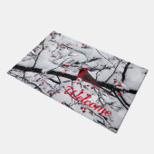 赤（鳥）ショウジョウコウカンチョウ雪の木の写真 ドアマット (アングル)