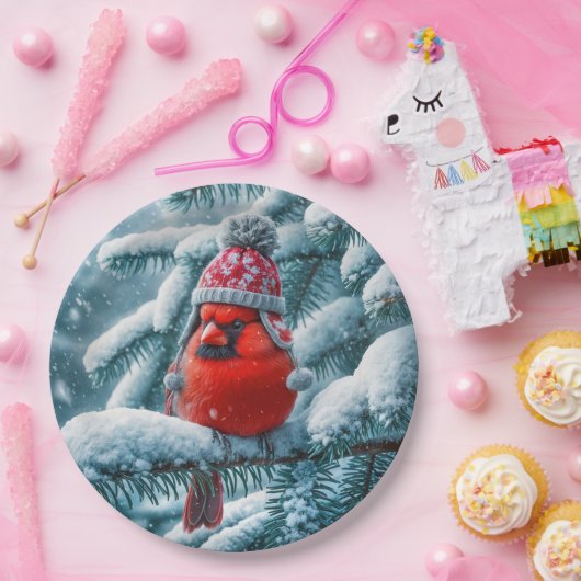 赤(鳥)ショウジョウコウカンチョウ鳥の冬の帽子をかぶる ペーパープレート (パーティー)