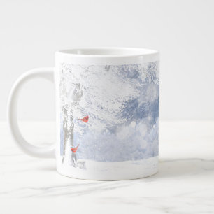 赤(鳥)ショウジョウコウカンチョウ鳥クリスマス雪の木 ジャンボコーヒーマグカップ
