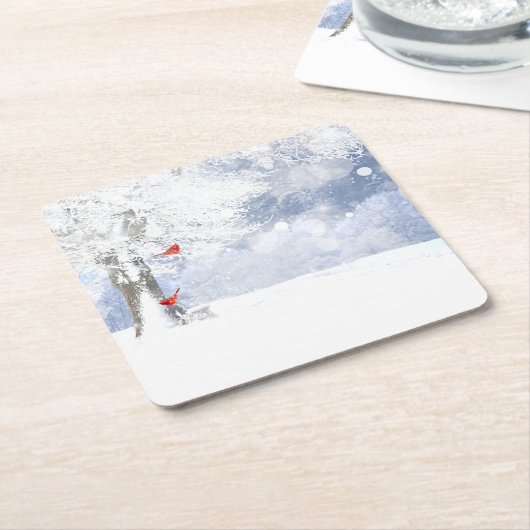 赤(鳥)ショウジョウコウカンチョウ鳥クリスマス雪の木 スクエアペーパーコースター (アングル)