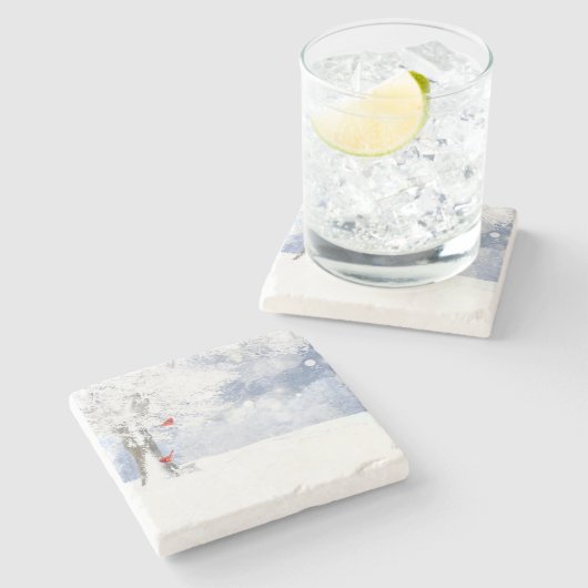 赤（鳥）ショウジョウコウカンチョウ鳥クリスマス雪の木 ストーンコースター (横)