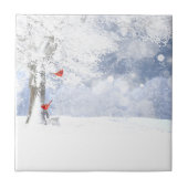 赤(鳥)ショウジョウコウカンチョウ鳥クリスマス雪の木 タイル (正面)
