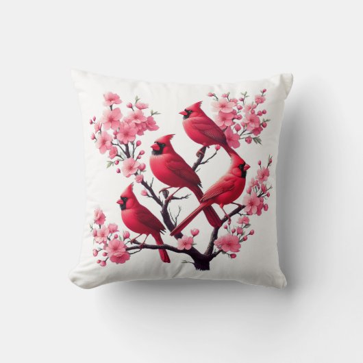 赤(鳥)ショウジョウコウカンチョウ鳥ピンクさくらんぼ花樹鳥 クッション (正面)