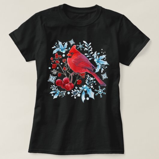 赤（鳥）ショウジョウコウカンチョウ鳥愛好家バードウォッチングクリスマスビ Tシャツ (デザイン正面)