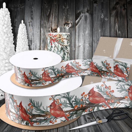 赤(鳥)ショウジョウコウカンチョウ鳥食べ物を与えの冬の上Ilex果実S サテンリボン