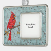 赤（鳥）ショウジョウコウカンチョウ、クリスマスの鳥 シルバープレートフレームオーナメント (左)