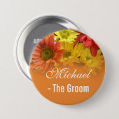 赤、黄色とオレンジのデイジー新婦結婚の 缶バッジ (正面&裏面)