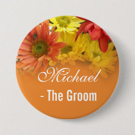 赤、黄色とオレンジのデイジー新婦結婚の 缶バッジ