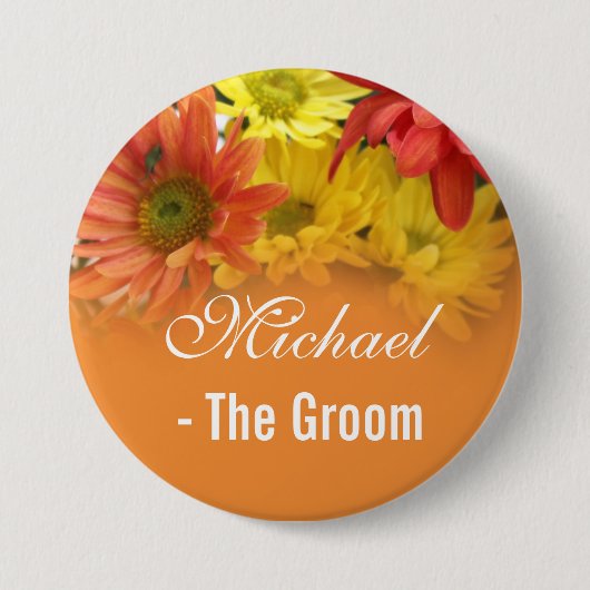 赤、黄色とオレンジのデイジー新婦結婚の 缶バッジ (正面)
