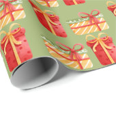 "赤、黄色のクリスマスプレゼント"緑の包装紙 ラッピングペーパー (ロールコーナー)