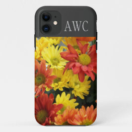 赤+黄色+オレンジ色のデイジーの花 モノグラム iPhone 11 ケース