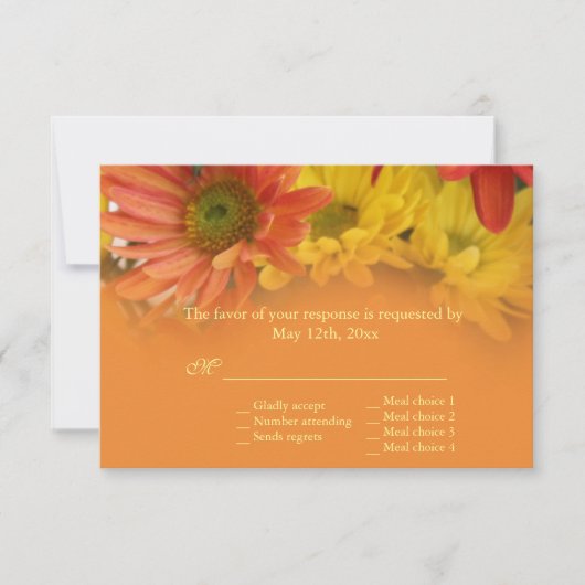 赤、黄色、オレンジ色のデイジーの花RSVP 結婚's 出欠カード (正面)