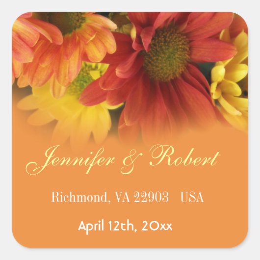 赤、黄色、オレンジ色のデイジー花結婚式の引き出物 スクエアシール (正面)