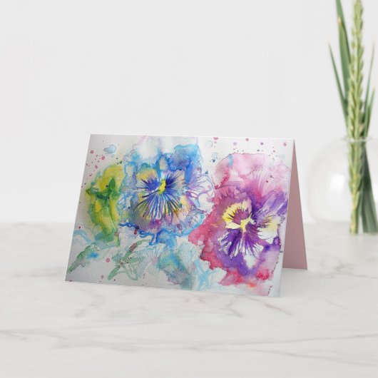 赤、黄色、青のパンジーの花の水彩カード カード (正面)