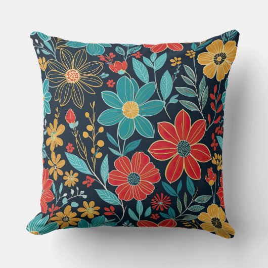 赤、黄、青のお洒落フローラ クッション (正面)