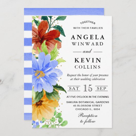 赤 黄 青のボーホー フラワー ウェディング 招待状 (正面/裏面)